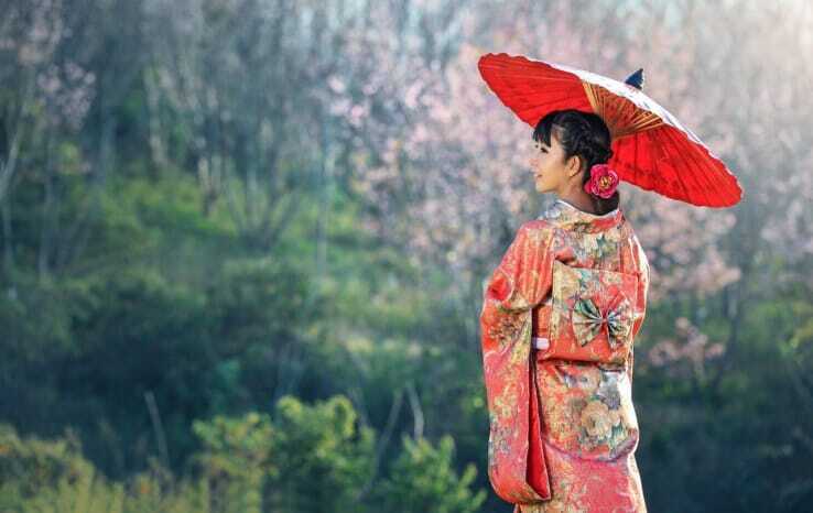 着物を着て和傘を指している女性の写真