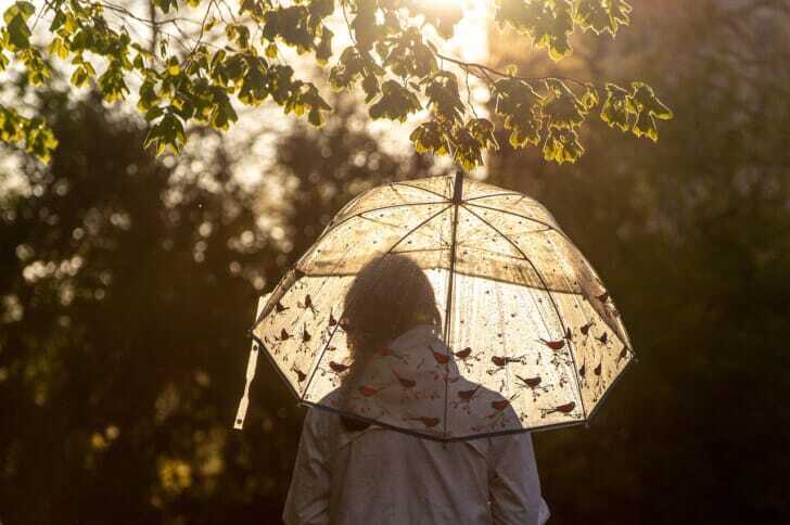 傘をさしている女性の上空が晴れてきている写真