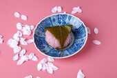 銘々皿に乗せた桜餅の画像