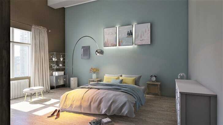 寝室にフロアランプが置かれている写真