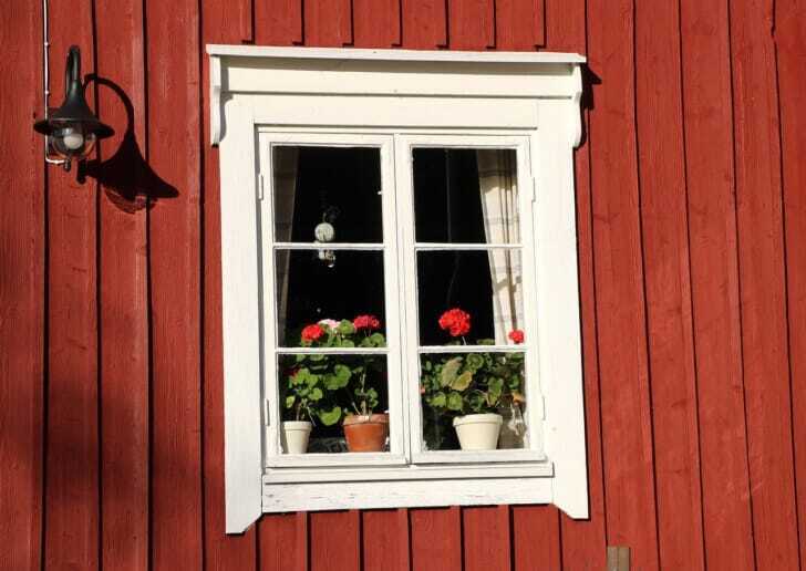 赤い壁の窓の写真