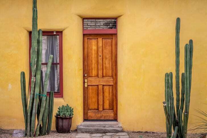 スペイン風の家のドアとサボテンの写真