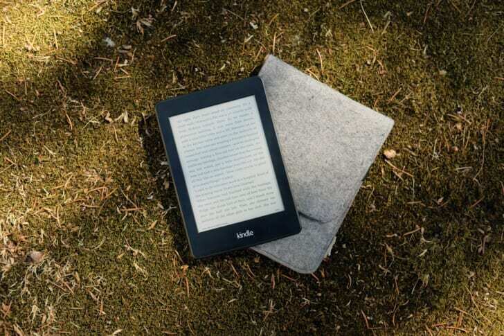 芝生に置かれたタブレットに本が表示されている写真